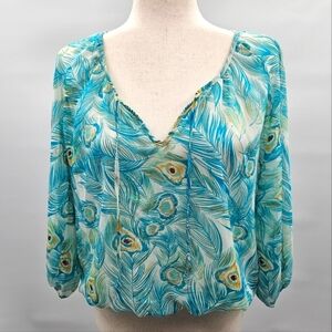 Divided By‎ H&M Sheer Tie Scoopneck Blue & White Peacock Feather Elastic …